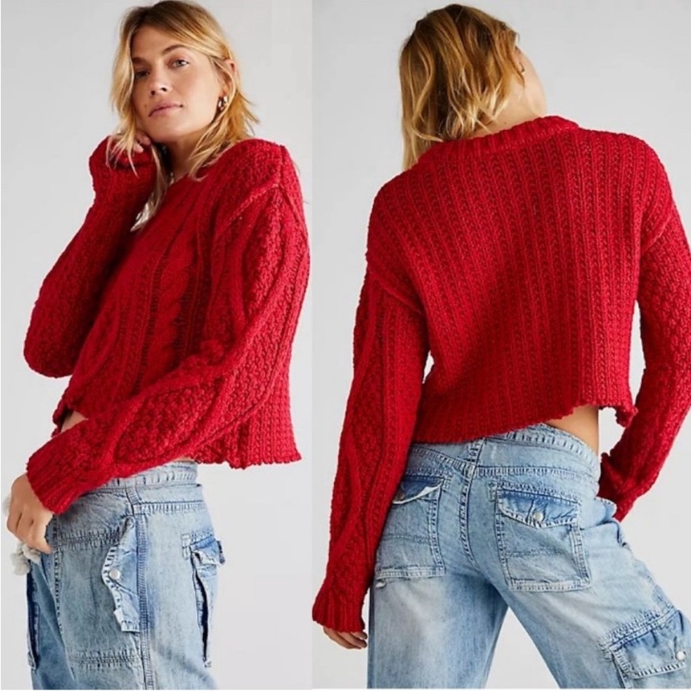 Free People Cutting Edge Cable Knit Pullover Sweater Cranberry Red Medium